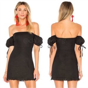 LOVERS + FRIENDS Beth Off Shoulder Puff Sleeve Linen Mini Dress in Black